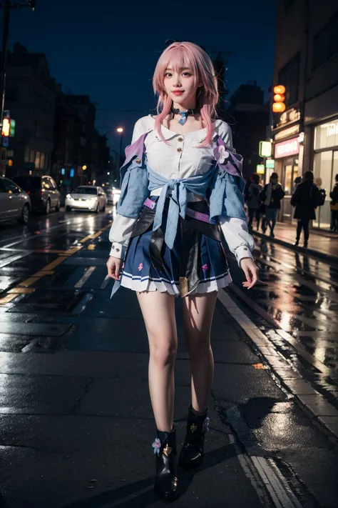 best quality,masterpiece,realistic,photorealistic,1girl,solo,looking at viewer,smile,standing,full body,march 7th cosplay costume,march 7th,cosplay,blue eyes,pink hair,medium hair,shirt,dress shirt,long sleeves,jacket,tied jacket,skirt,corset,pleated skirt,choker,camera,flower ornament,thigh strap,badge,button badge,high heel boots,ankle boots,in street,night,neon lights,<lora:Honkai_StarRail_March7th_costplay_costume_v2:0.7>,