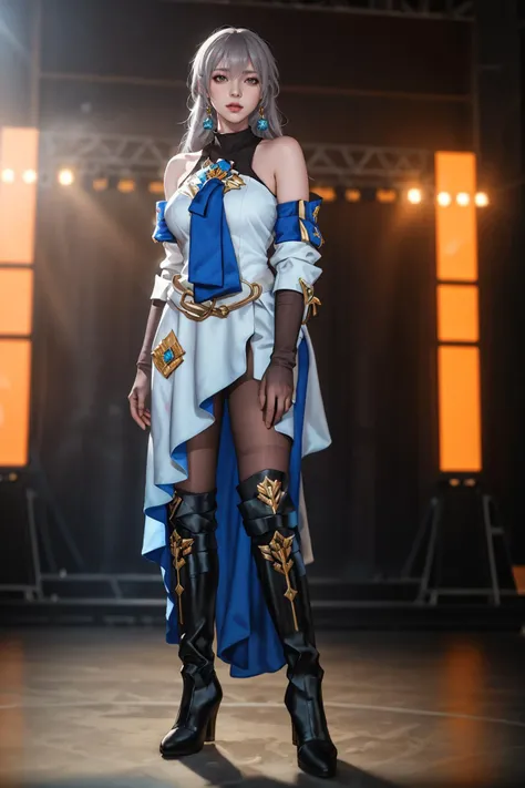 8k,highres,absurdres,masterpiece,best quality,original,extremely detailed CG,extremely detailed wallpaper,perfect lighting,<lyco:GoodHands-beta2:1>,
1girl,solo,blurry_background,looking_at_viewer,standing on the stage,
<lora:bronya_cosplay_costume_v1:0.6>,bronya cosplay costume,cosplay,grey hair,long hair,drill hair,dress,detached sleeves,jewelry,gloves,elbow gloves,gauntlets,pantyhose,black pantyhose,boots,thigh boots,knee boobs,