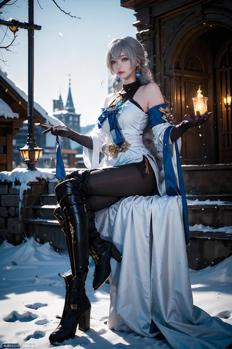 best quality, masterpiece, realistic, (photorealistic:1.4), 1girl, solo, full body, bronya cosplay costume, cosplay, black pantyhose, earrings, boots, elbow gloves, standing, detailed background, snow, winter, outdoors, luxury decorations, castle, sunshine, <lora:bronya_cosplay_costume_v1:0.7>