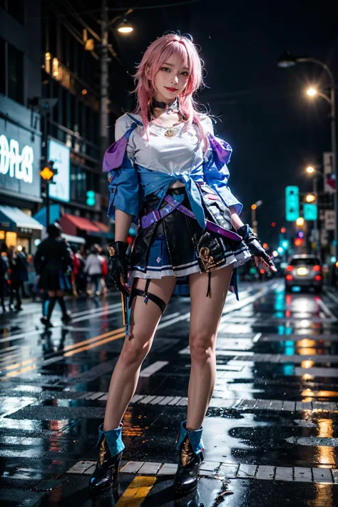 best quality, quality, masterpiece, photorealistic, 1girl, solo,  full body, looking at viewer, standing, march7th cosplay costume, cosplay, skirt, clothes around waist, jacket, choker, ankle boots, high heel boots, fingerless gloves, single glove, thigh strap, in street, night, neon lights, rain, <lora:march7th_cosplay_costume_v1:0.7>