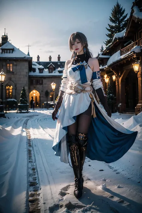best quality, masterpiece, realistic, (photorealistic:1.4), 1girl, solo, full body, bronya cosplay costume, cosplay, black pantyhose, earrings, boots, elbow gloves, detailed background, snow, winter, outdoors, luxury decorations, castle, sunshine, <lora:bronya_cosplay_costume_v1:0.7>
