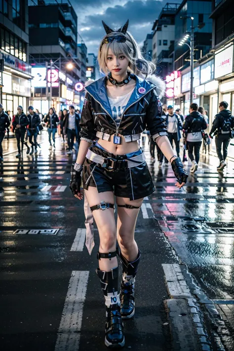 best quality, masterpiece, realistic, (photorealistic:1.4), 1girl, solo, full body, sliver wolf cosplay costume, goggles on head, drill hair, looking at viewer, in street, cyberpunk, night, neon lights, cityscape,  <lora:sliver_wolf_cosplay_costume_v1:0.7>
