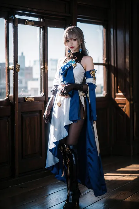 best quality, masterpiece, realistic, (photorealistic:1.4), 1girl, solo, full body, bronya cosplay costume, cosplay, black pantyhose, earrings, boots, elbow gloves, standing, detailed background, indoors, luxury decorations, window, sunshine, <lora:bronya_cosplay_costume_v1:0.7>