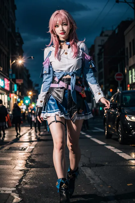 best quality, quality, masterpiece, photorealistic, 1girl, solo, full body, looking at viewer, standing, march7th cosplay costume, cosplay, skirt, clothes around waist, jacket, choker, ankle boots, high heel boots, fingerless gloves, single glove, thigh strap, in street, night, neon lights, <lora:march7th_cosplay_costume_v1:0.7>