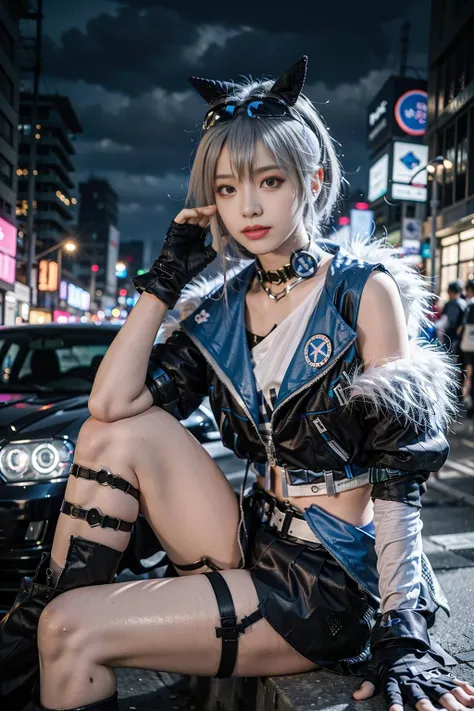 best quality, masterpiece, realistic, (photorealistic:1.4), 1girl, solo, full body, sliver wolf cosplay costume, goggles on head, drill hair, fingerless gloves, sitting, looking at viewer, in street, cyberpunk, night, neon lights, cityscape, <lora:sliver_wolf_cosplay_costume_v1:0.7>