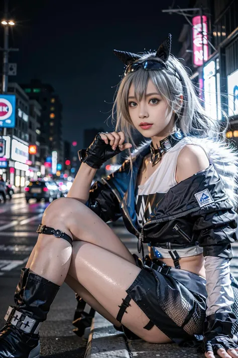 ((Highest quality)), ((masterpiece)), (detailed:1.4), (((Translucent with mechanical parts and transparent skin++Rainbow colored aurora material++、++Grey carbon material++Cyberpunk beauties))), ((Wide open chest)), Hip and thigh skin, Ticker (High Dynamic Range), Ray Tracing, NVIDIA, Super Resolution, Subsurface Scattering PBR Texturing, Post-processing, Anisotropic Filtering, Depth of written boundary, Surface Shading, Accurate simulation of light/Material interactions, Perfect Proportions, Two-tone lighting, wide aperture, Low ISO, White balance, 8k, Browsing Caution, (((Tall Woman))), 25-year-old woman, Bright LED, Knee-length, bulge, Open Stance, Hip and thigh skin, Beautiful body, The navel is visible through bare skin, Large Breasts, ((Cyber hood with dull glowing LEDs)), (Large Breasts: 1.0) , Dazzling cyberpunk cityscape, Skyscraper, Neon Signs, LED Light, Bright and vivid color scheme, Bright and vivid color scheme, Surprised expression, Blunt bangs, (((+++Beautiful bright iridescent hair+++ Straight Medium Ponytail))), Anatomically correct arms and fingers, seed: 256 :1>,NSFW