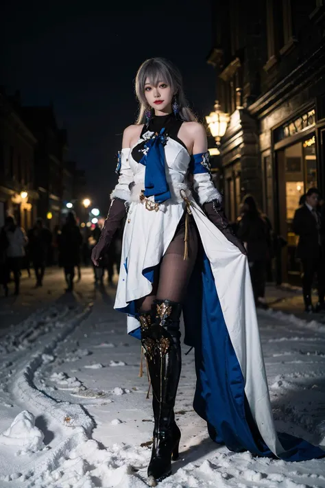 best quality, masterpiece, realistic, (photorealistic:1.4), 1girl, solo, full body, bronya cosplay costume, cosplay, black pantyhose, earrings, boots, elbow gloves, standing, detailed background, in castle, night, snow, winter, <lora:bronya_cosplay_costume_v1:0.7>