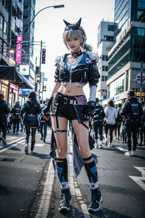 best quality, masterpiece, realistic, (photorealistic:1.4), 1girl, solo, full body, sliver wolf cosplay costume, goggles on head, drill hair, fingerless gloves, standing, looking at viewer, in street, cyberpunk, night, neon lights, cityscape, <lora:sliver_wolf_cosplay_costume_v1:0.7>