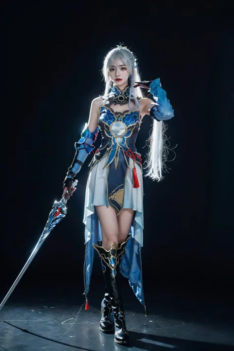 best quality, masterpiece, photorealistic, 1girl, solo, full body, standing, hair between eyes, holding sword, jingliu cosplay costume, white hair, cosplay, dress, chinese clothes, thigh boots, high heel boots, detached sleeves, elbow gloves, gloves, hair ornament, simple background, <lora:jingliu_cosplay_costume_v1:0.7>
