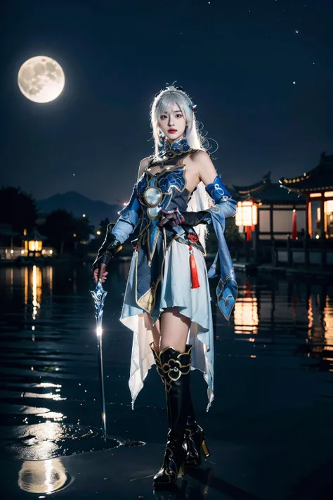 best quality, masterpiece, photorealistic, 1girl, solo, full body, standing, hair between eyes, holding sword, jingliu cosplay costume, white hair, cosplay, dress, chinese clothes, thigh boots, high heel boots, detached sleeves, elbow gloves, gloves, hair ornament, chinese garden, water, (night:1.2), moon, <lora:jingliu_cosplay_costume_v1:0.7>