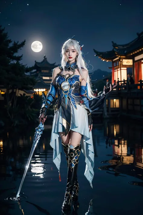 best quality, masterpiece, photorealistic, 1girl, solo, full body, standing, hair between eyes, holding sword, jingliu cosplay costume, white hair, cosplay, dress, chinese clothes, thigh boots, high heel boots, detached sleeves, elbow gloves, gloves, hair ornament, chinese garden, water, (night:1.2), moon, <lora:jingliu_cosplay_costume_v1:0.7>