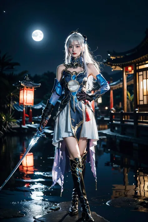 best quality, masterpiece, photorealistic, 1girl, solo, full body, standing, hair between eyes, holding sword, jingliu cosplay costume, white hair, cosplay, dress, chinese clothes, thigh boots, high heel boots, detached sleeves, elbow gloves, gloves, hair ornament, chinese garden, water, (night:1.2), moon, <lora:jingliu_cosplay_costume_v1:0.7>