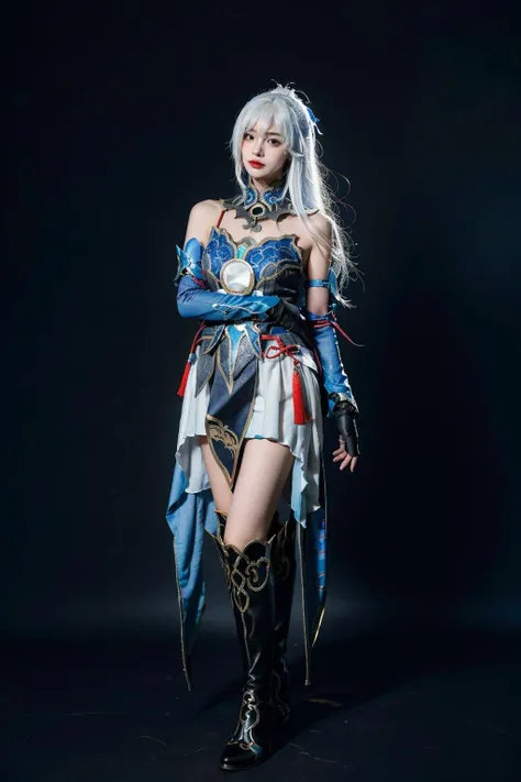 best quality, masterpiece, photorealistic, 1girl, solo, full body, standing, hair between eyes, arms beside, jingliu cosplay costume, white hair, cosplay, dress, chinese clothes, thigh boots, high heel boots, detached sleeves, elbow gloves, gloves, hair ornament, simple background, <lora:jingliu_cosplay_costume_v1:0.7>