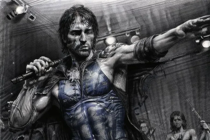 1 adult man, JohnRDR, 70sRockstar
pencil drawingrough sketch,(line art:1.2),meticulous painting,white paperfull body, character on paperblack and whiteextra lines,clear lines,shadow