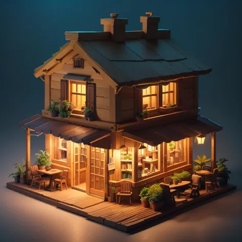 (masterpiece, best quality:1.3, highres, ultra-detailed, 8k, centered, <lora:ISO_SHOP-18:0.8>, iso_shop, (isometric), outdoors, indoors, tree, book, no humans, window, night, chair, table, plant, building, scenery, potted plant, lamp, cafe, (small details), (extremely detailed), (tilt shift:0.6),