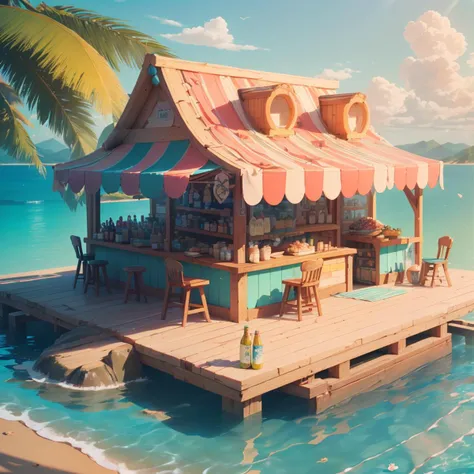(masterpiece, best quality:1.2, 3d, highres, ultra-detailed,  centered, tilt shift,  iso_shop,<lora:ISO_SHOP:0.8>,(isometric:1.2), food, bottle, ocean, water, fish, cooking, cutting board, (small details), (extremely detailed), hyperrealistic:0.2, bloom, (colorful), sky, (sign:1.2), fish shop, vivid,  sunlight, (tropical), cute, pastel colors, vivid, cinematic, film grain:0.7, table, chair, small decorations, beer:0.5, bowl, flower:0.4, multicolored theme, natural lighting, dreamy, reflection, water, nature,