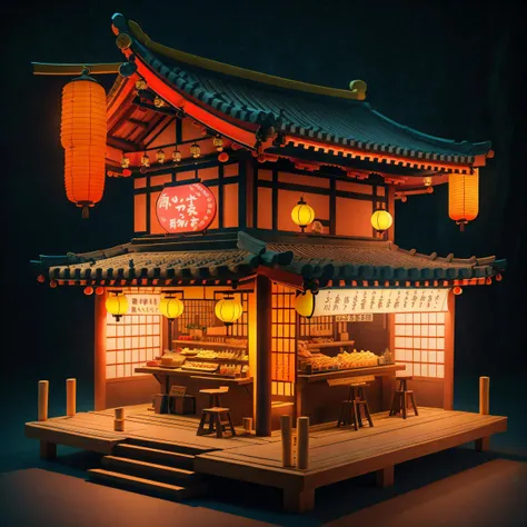(masterpiece, best quality:1.3, 3d, highres, ultra-detailed, 8k, 85mm, centered, tilt shift, <lora:ISO_SHOP-18:0.9>, iso_shop, isometric, simple background, food, no humans, umbrella, black background, scenery, lantern, sign, oil-paper umbrella, sign, architecture, stool, east asian architecture, paper lantern (small details), (extremely detailed), [hyperrealistic:0.2], [bloom:0.3], colorful, vivid, (UHDR), cinematic, night, dark theme, [film grain:0.7]