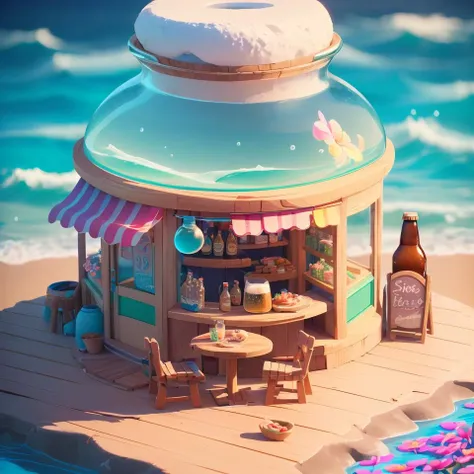 (masterpiece, best quality:1.2, 3d, highres, ultra-detailed,  centered, tilt shift,  iso_shop,<lora:ISO_SHOP:0.8>,(isometric:1.2), food, bottle, ocean, water, fish, cooking, cutting board, (small details), (extremely detailed), hyperrealistic:0.2, bloom, (colorful), sky, (sign:1.2), fish shop, vivid,  sunlight, (tropical), cute, pastel colors, vivid, cinematic, film grain:0.7, table, chair, small decorations, beer:0.5, bowl, flower:0.4, multicolored theme, natural lighting, dreamy, reflection, water, nature,