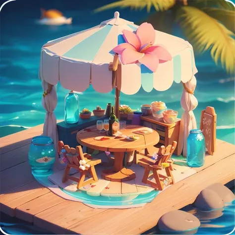 (masterpiece, best quality:1.2, 3d, highres, ultra-detailed,  centered, tilt shift,  iso_shop,<lora:ISO_SHOP:0.8>,(isometric:1.2), food, bottle, ocean, water, fish, cooking, cutting board, (small details), (extremely detailed), hyperrealistic:0.2, bloom, (colorful), sky, (sign:1.2), fish shop, vivid,  sunlight, (tropical), cute, pastel colors, vivid, cinematic, film grain:0.7, table, chair, small decorations, beer:0.5, bowl, flower:0.4, multicolored theme, natural lighting, dreamy, reflection, water, nature,