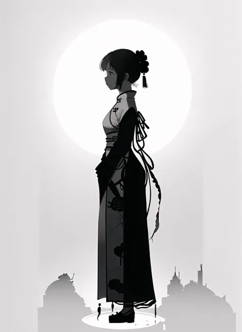 (1children),((q version)),((full_shot:1.5)),(whole body),(((silhouette))),<lora:silhouette_last:1.1>,greyscale,simple background,cartoon,from_side,china_dress,(traditional_clothes:1.3),(upright restraints),black and white,
