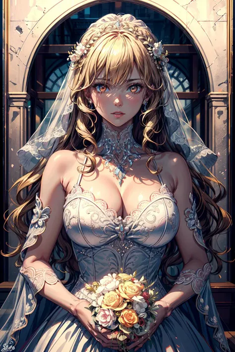wedding dress,bride,waiting for love,beautiful detailed eyes,beautiful detailed lips,extremely detailed eyes and face,long eyelashes,fairy tale atmosphere,soft lighting,romantic mood,stunning background,flowers,dreamy colors,emotional expression,romantic pose,blurred background,shimmering veil,delicate lace,sparkling tiara,elegant hairstyle,vintage decor,vintage furniture,ethereal atmosphere,gentle breeze,whispering trees,lovely smile,anticipation,heartfelt emotions,gentle and loving,graceful movements,soft and gentle touch,warm and tender moment,romantic atmosphere,photorealistic masterpiece,highest quality 4k resolution,studio lighting,vivid colors