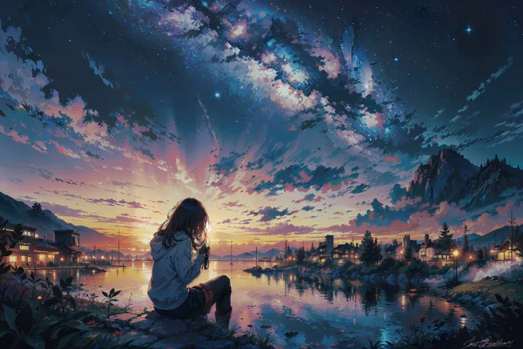 a professional photography of hot spring in valley, fantasy, 24mm lens, birds eye view, photograhpy, HD, 8k, octans, sky, star (sky), scenery, starry sky, night, 1girl, night sky, solo, outdoors, signature, building, cloud, milky way, sitting, tree, long hair, city, silhouette, cityscapemasterpiece, best quality, ,halftone,cloud, light particles, space, sky,water,girl,night<lora:GoodHands-vanilla:1>  <lora:add_detail:0.6>