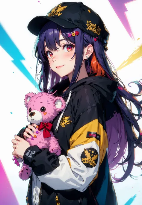 1girl, teddy bear, baseball cap, hat, solo, stuffed animal, stuffed toy, smile, long hair, hood down, jacket, hood, headphones, closed mouth, purple hair, long sleeves, fingernails, nail polish, sleeves past wrists, looking at viewer, multicolored eyes, bangs, hooded jacket, yellow nails, red jacket, multicolored nails, hair ornament, object hug, blush, red nails, white headwear, upper body, purple eyes, claw pose, heart, black headwear, hand up, bow, hoodie, hairclip, nail art, button badge, very long hair, hair between eyes, orange nails, puffy long sleeves, puffy sleeves, black bow, badge, holding, drawstring, red eyes, pink nails, star (symbol), multicolored hair, blue nails, holding stuffed toy, lightning bolt symbol, colorful, looking to the side