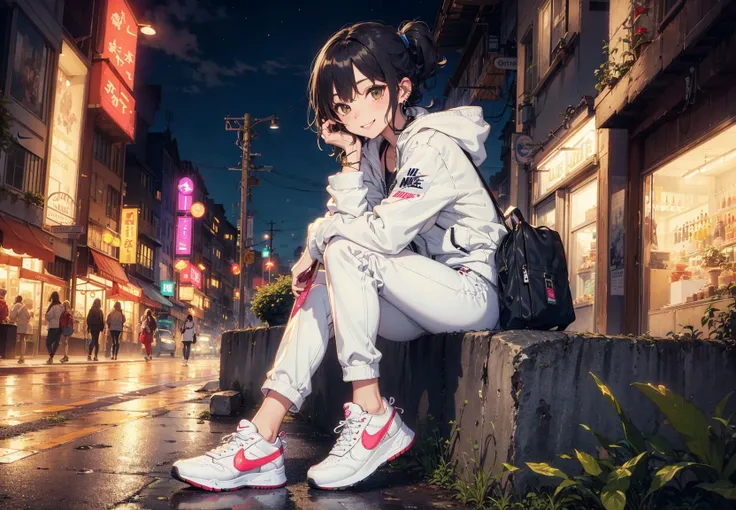 (Masterpiece:1.2), (best quality:1.2),, Night, kemomimi girl, bar, bandit, (skinny:1.2), (depth of field:1.2), smile, looking at viewer, completely detail. earrings, jewelry, pants, shoes, sneakers, hoop earrings, white pants, bag, nike, sitting, full body, plant, long sleeves, jacket, looking at viewer, white jacket