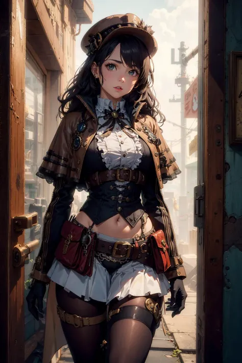 (8k, RAW photo, best quality, masterpiece:1.2), (realistic, photo-realistic:1.4), highres, ultra-detailed, extremely detailed, depth of field,science fiction,
1girl, with ripped abs, exposed waist, exposed stomach, solo, (steampunker:1.5), black hair, long hair, hat, hat ornament, gear ornament, white shirt, capelet, tassel, white sleeves, long sleeves, gloves, high collar, intricate details, bronze skirt, frilled skirt, utility belt, pantyhose, pouch, strap, buckle, steampunk city,
The overall composition should have the a focus on the character's appearance,