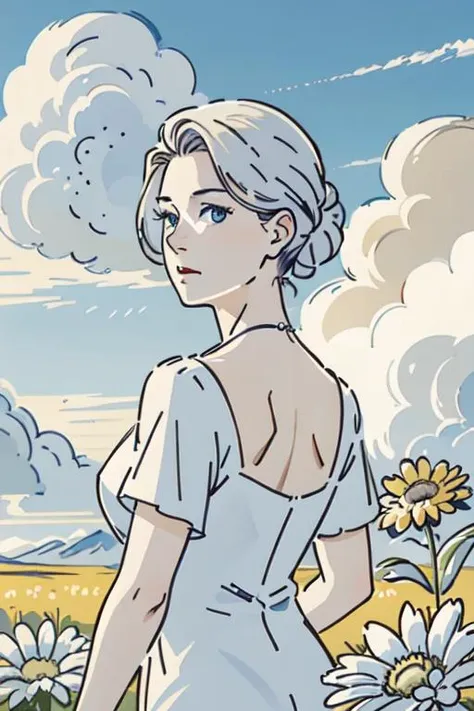 realistic, (best quality, masterpiece:1.3),
mature female, solo,
expressionless,
upper body, turned away but looking back over her shoulder
silver hair, bright pupils, long hair, hair slicked back,
white dress,
flower, white flower, sky,cloud, outdoors , <lora:Japanese_style_Minimalist_Line_Illustrations:0.6>