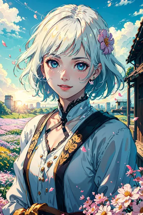 masterpiece, best quality,
1girl, (colorful),(finely detailed beautiful eyes and detailed face),cinematic lighting,bust shot,extremely detailed CG unity 8k wallpaper,white hair,solo,smile,intricate skirt,((flying petal)),(Flowery meadow)
sky, cloudy_sky, building, sunlight, sun