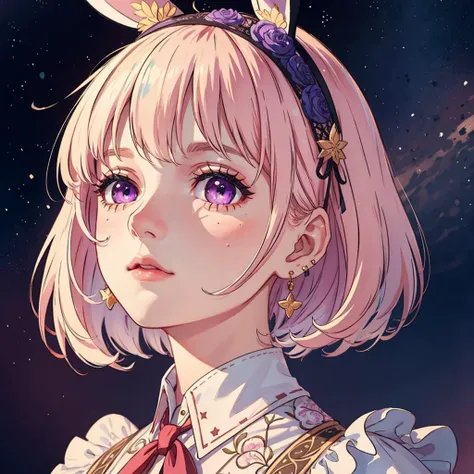 Ultra-realistic 8k CG, masterpiece, ((ultra-detailed background, delicate pattern, intricate details)), best quality,, very detailed face, extremely detailed eyes and face, extremely detailed eyes,1girl, 18 years old ,adolescent ,bob , bob hair<[pink|blue]>, purple eyes, sky and stars background, center focus, look up, Rabbit hairband, face focus, earring, <lora:blindbox_V1Mix:0.3>, <lora:sunAndShadow_v10:0.3>