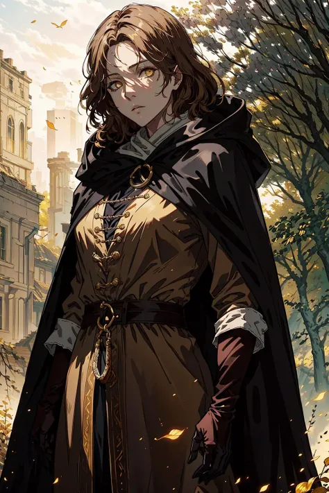 masterpiece, best quality,
<lora:melina:0.6>,melina \(elden ring\),
1girl, solo, looking at viewer,
brown hair, medium hair,yellow eyes,scar across eye, expressionless, one-eyed,
black cape, hooded cloak,
defoliation,Golden Tree,
cowboy shot,