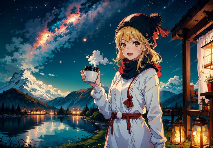 1girl, solo, night, sky, telescope, star (sky), hat, sweater, outdoors, open mouth, smile, starry sky, looking at viewer, cup, pantyhose, night sky, tent, blush, cable knit, brown eyes, holding, black pantyhose, mug, shooting star, :d, bangs, mountain, aran sweater, grass, long hair, long sleeves, scenery, white sweater, standing, holding cup, steam, red eyes, sweater dress, ribbon, scarf, turtleneck, mountainous horizon, dress, swept bangs, blonde hair, lamp, shawl, beanie, lake, lantern, coffee mug