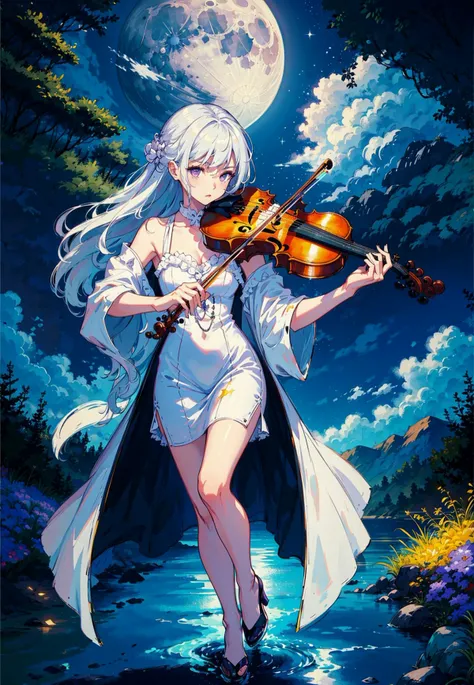 masterpiece, best quality, 1girl, full body,white hair,long hair,purple eyes, slim body,slim legs,playing violin,white dress,night,moon,shootig star,cloud,lakeshore,