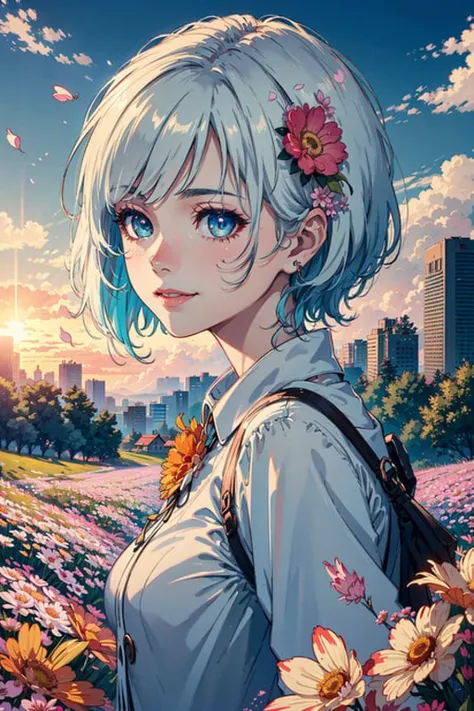 masterpiece, best quality,
1girl, (colorful),(finely detailed beautiful eyes and detailed face),cinematic lighting,bust shot,extremely detailed CG unity 8k wallpaper,white hair,solo,smile,intricate skirt,((flying petal)),(Flowery meadow)
sky, cloudy_sky, building, sunlight, sun