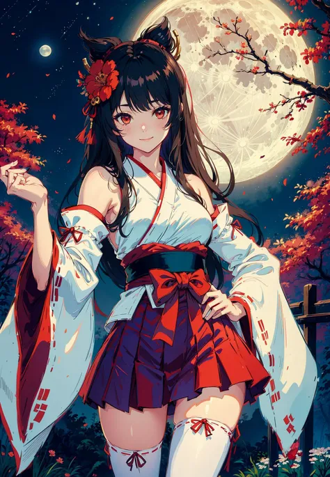 1girl, long hair, solo, thighhighs, black hair, hair ornament, moon, japanese clothes, skirt, detached sleeves, white thighhighs, miko, hakama short skirt, hair flower, very long hair, ribbon trim, ribbon-trimmed legwear, full moon, hakama skirt, hakama, brown eyes, outdoors, night, standing, looking at viewer, flower, hand on hip, tree, red skirt, sky, wide sleeves, smile, ribbon-trimmed sleeves, star (sky), fence, blush, bangs, zettai ryouiki, bare shoulders, night sky, red eyes, nontraditional miko, red hakama, thighs, closed mouth