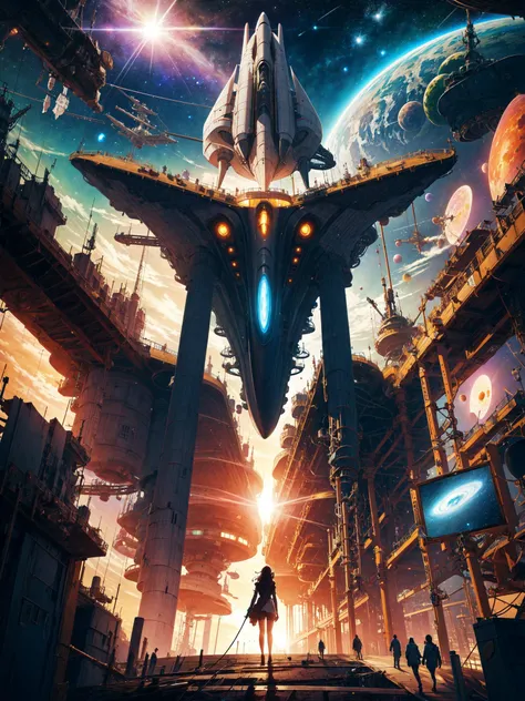 (masterpiece, top quality, highest detailed, official art, beautiful and aesthetic:1.2), colorful, in space, (space ship), spacecraft, sun rays, (wires and cables:1.1), (science fiction:1.2), illuminator, planets