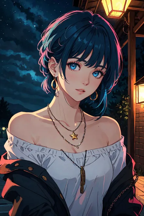 (masterpiece, sidelighting, finely detailed beautiful eyes: 1.2), Masterpiece, best quality, photorealistic, realistic, ultra-detailed, illustration, perfect lighting, ultra high res, high detail, cinematic, 1girl, sleep, night, night sky, star, cat, outdoors, bangs, blue hair, chain, chain necklace, cuffs, earrings, jacket, long sleeves, off shoulder, parted lips, pink nails, solo, Masterpiece, best quality,