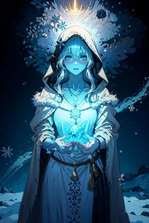 Jani is a witch who lives in a snowy region of Elden Ring. She has long silver hair and blue eyes that glow with magic. She wears a white dress with fur trim and a hooded cloak that covers her shoulders. She also wears a silver necklace with a pendant shaped like a snowflake. She carries a staff that can summon wolves and cast ice spells.
dark theme, light, moon,