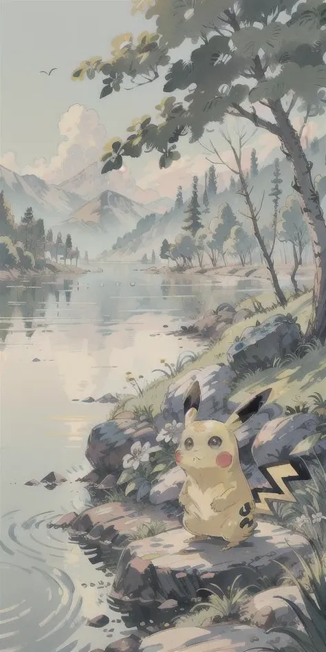 pikachu, forest background, near lake, tree, flower, rock, pagoda, <lora:MoXin:0.5>,<lora:shukezouma_v1_1:0.7>