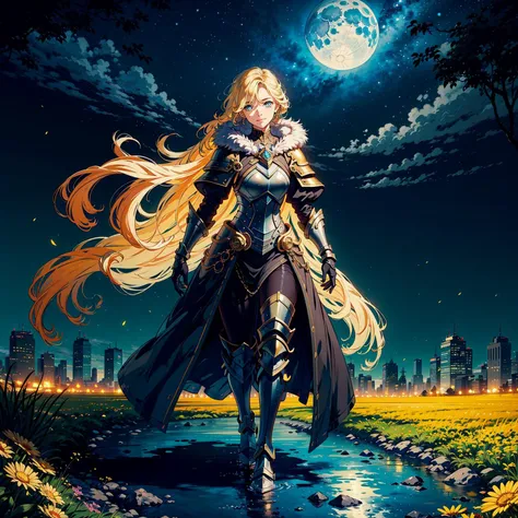 masterpiece, best quality, (colorful),cinematic lighting,extremely detailed CG unity 8k wallpaper,{holy space and Depth of field },pure water,flower field,building,particals,sky, cloudy_sky, galaxy, moonlight, moon,detailed starry sky,night, (dark theme:1.3), light, fantasy,1girl,full body,(finely detailed beautiful eyes),gold hair,long hair,solo,smile,an gold armored female paladin,gold armor, gold accents. intricate,fur,elegant,