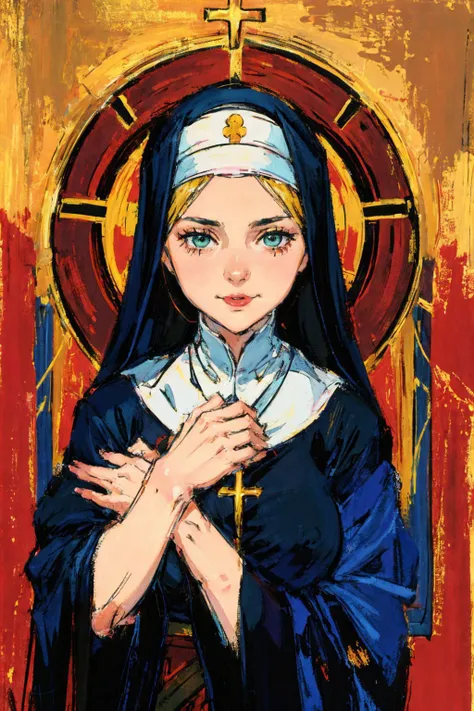 Style: { (masterpiece:1.2, best quality, flat color, blue_and_navy_color_tone:1.3, vivid_colors) gold tarot card } BREAK
Composition: { 1girl, saint woman, praying } BREAK
Hair: { long_blonde_hair } BREAK
Appearance: { mature female, reieneris, muscular, huge_breasts, erected nipples, green_eyes } BREAK
Clothing: { (orthodox_nun_outfit:1.3), see through, nipples } BREAK
Behavior: { confident, blush, tongue } BREAK
Loras: { <lora:fechin:1><lora:add_detail:0.5><lora:fantasyV1.1:0.1><lora:DW:0.25><lora:lasto_v1:0.25><lora:Double:0.25><lora:senchou_special:0.25> }