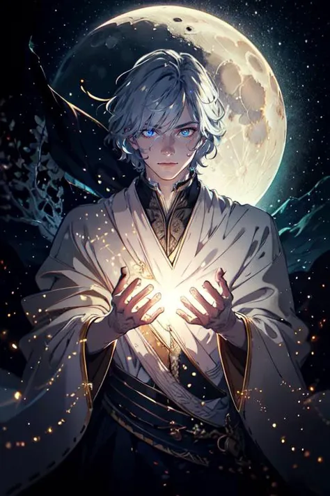 realistic, masterpiece, best quality, colorful,(finely detailed beautiful eyes and detailed face),nature lighting, extremely detailed CG unity 8k wallpaper, 
1boy, tall muscular guy,
Clothes: intricate wizard robe,
Appearance: silver hair, light colored pupils,  handsome,
background: wind and moon,
Behavior: holding glowing balls,