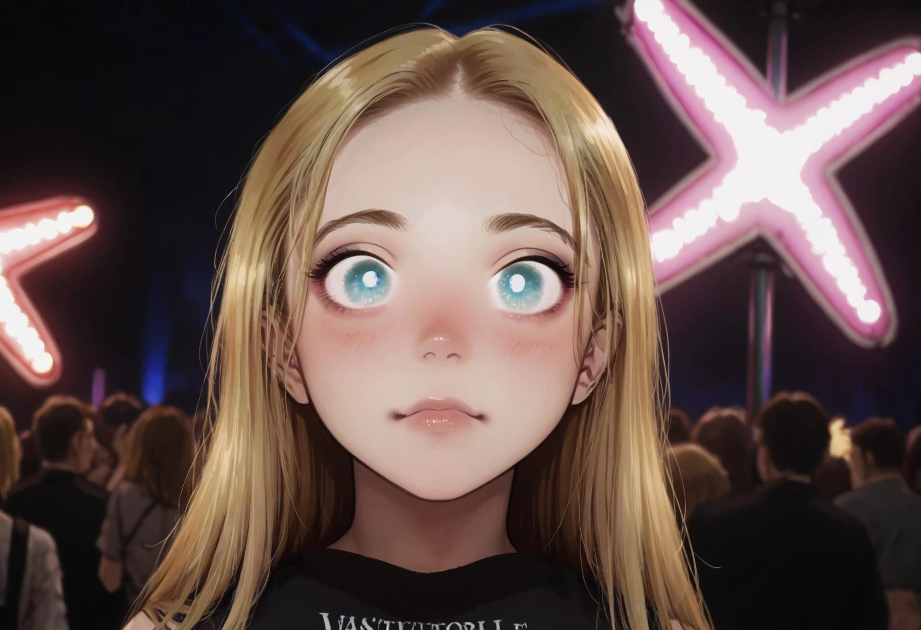 score_9,score_8_up,score_7_up, highres, intricate details, masterpiece, 1girl, solo, awe, gothic, black makeup, blonde hair, cute, upper body, concert, neon lights, flash, <lora:haguhagu-lyco-v2--pony:0.7> <lora:sasha_haguhagu:0.7>