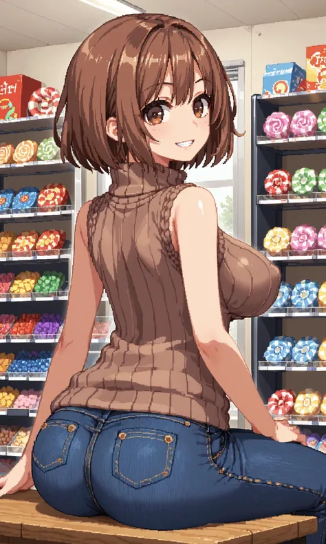 score_9, score_8_up, score_7_up, BREAK source_anime, masterpiece, anime screencap, shiny skin, official style, illustration,
8k, highres, incredibly_absurdres,
insanely detailed, anatomically correct, best perspective,
<lora:Aduare Style Pony:0.35>,
pixel art,
1girl, (Beautiful Breasts, natural breasts:1.2),
grin,
full body ,
from behind ,
sharp focus, colorful,
sexy, erotic,
looking back,
hand on own hip ,
sitting,
large breasts,brown hair, brown eyes, short hair,
sweater, ribbed sweater,turtleneck, sleeveless, denim,leeveless sweater, brown sweater, sleeveless turtleneck, turtleneck sweater, jeans,
Candy store, inside the candy store,
<lora:Summer_Memoriesãã¾ããã¼_Doujin_OtomeHentai_Game_Art_Style:0.85>