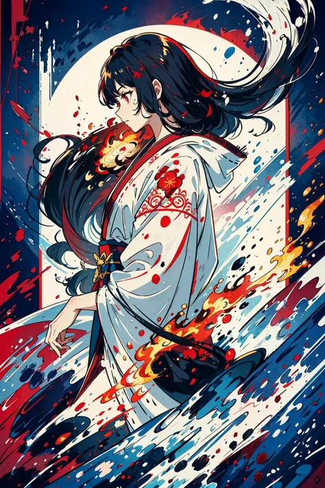 Ultra-realistic 8k CG, masterpiece, ((ultra-detailed background, delicate pattern, intricate details)), best quality, 1girl, samurai, solo, robe<red>, [(red background:1.6)::0.5], full body, in profile, long hair, black hair, red eyes, red highlight, sharp eyes, floating Red Smoke:1.8, Knife light artifact, , flame, thick smoke:1.6, river<lora:standingFullBodyWithBackgroundStyle_v10Offset:1> <lora:sunAndShadow_v10:0.4>