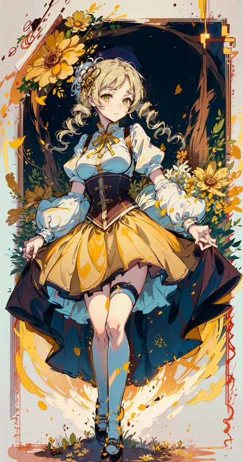 (masterpiece, sidelighting, ultra-detailed, finely detailed beautiful eyes:1.2), cinematic light, 1girl, full_body, yellow_flowers, tarot_card, intricate, detailed background, looking_at_viewer, Mami Tomoe, (girl wearing an intricate long yellow victorian dress:1.2), (teen girl), (walking), casual pose, posing, bustle, corset, ruffles, lace, (petticoat), hoop skirt, puff sleeves, yellow_ribbons, pearls, sunrise, (long_dress), sky, <lora:MamiTomoe:1>, (yellow_skirt), by alphonse mucha, gold frame