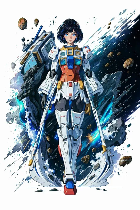 gundam\(rx78\), Ultra-realistic 8k CG, masterpiece, ((ultra-detailed background, delicate pattern, intricate details)), best quality, very detailed face, extremely detailed eyes and face, extremely detailed eyes, white background:0.8, 1girl, solo, medium breasts, mecha armor, full body, short hair, black hair, blue eyes, sharp eyes, outer space, (meteorite), (Meteorite belt), explosion, <lora:gundamRX782OutfitStyle_v10:0.53><lora:standingFullBodyWithBackgroundStyle_v10Offset:1><lora:sunAndShadow_v10:0.4>