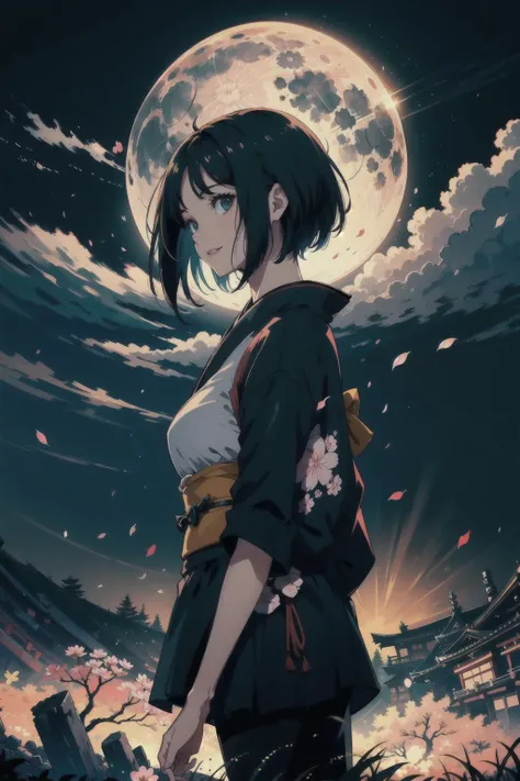1girl, looking back, smile, upper body, face, short hair, shorts, white shirt, no bra, cinematic lighting,bust shot,extremely detailed CG unity 8k wallpaper,black hair,short hair,kimono,solo,smile,((flying petal)),(Flowery meadow),(kyoto:1.4),sky,cloudy_sky,building,moonlight,moon,night,(dark theme:1.3),light,fantasy, (masterpiece, best quality, ultra-detailed, best shadow),, In the style of Neon Genesis Evangelion, you find yourself standing on a desolate, post - apocalyptic wasteland, as the distant ruins of a massive city loom on the horizon. The sky is filled with ominous clouds, as a massive creature towers in the distance